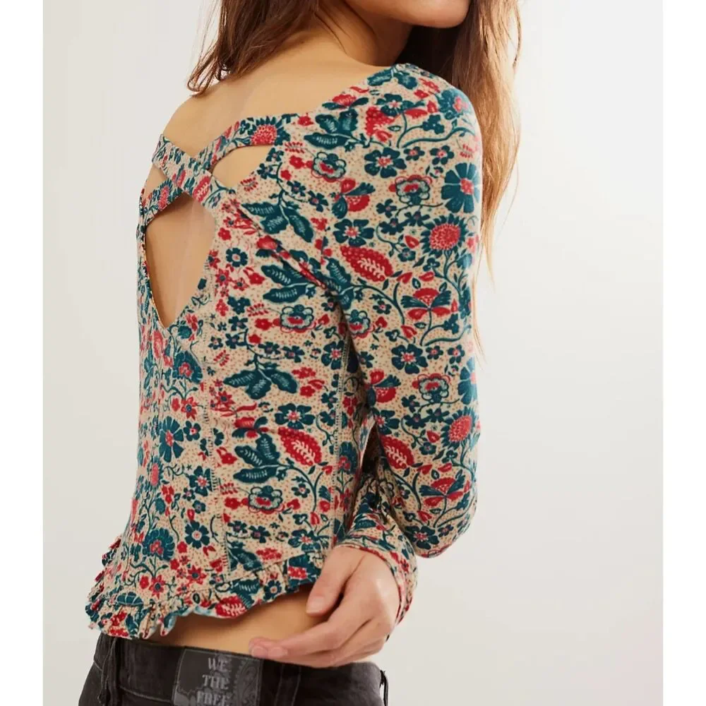 Free People Melanie Long Sleeve Floral Print Crop Top Cross Back Size Small